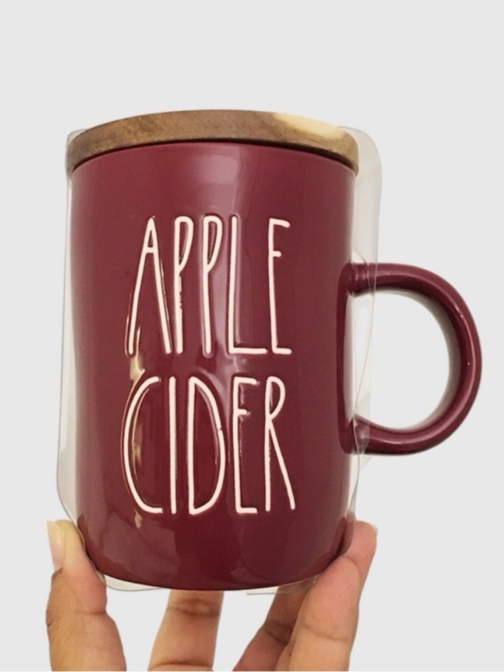 Rae Dunn Apple Cider Large Ceramic Mug with Wood Lid - Burgundy